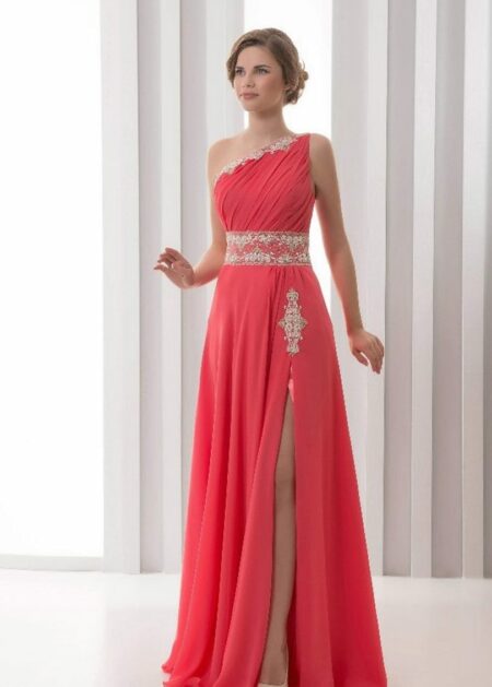 Abiti da cerimonia lunghi economici monospalla con spacco in chiffon è decorazioni luminose