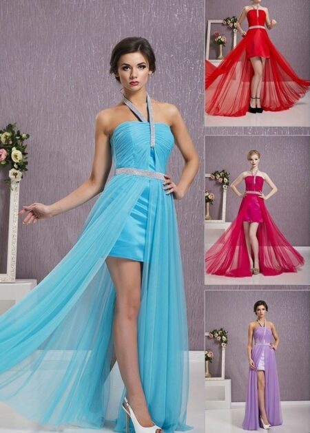 Abito da Cerimonia Finto Corto in tulle con scollo dritto gonna con spacco e molte decorazioni lucide