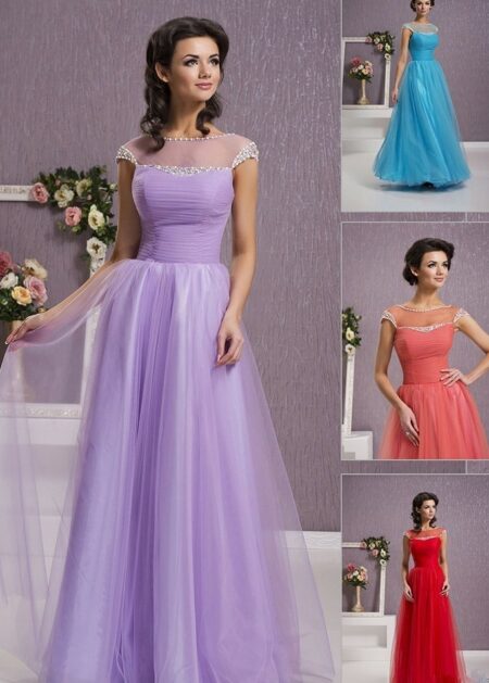 Abito da cerimonia lungo economico colorato online realizzati su misura in tulle con trasparenza e decorazioni di perline e paillettes