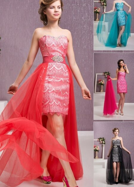 Abito da cocktail per matrimonio corto in raso e pizzo con strascico rimovibile scollo a cuore e cintura decorata con pietre scintillanti