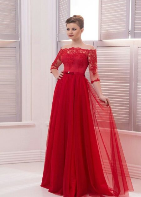 Abito elegante per matrimonio in tulle e pizzo con scollo a barca e maniche tre quarti prezzo economico