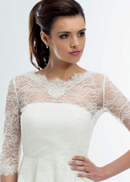 Coprispalle sposa economico in pizzo con scollatura a V maniche tre quarti disponibile online