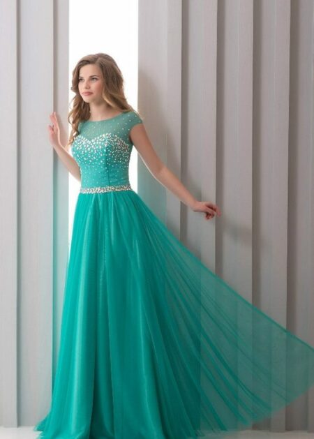 Elegante vestito da cerimonia lungo in tulle con decorazioni luminose vendita online affidabili