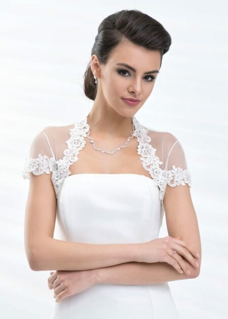 Giacca Coprispalle Nuziale stile Bolerino in tulle e pizzo con maniche corte.