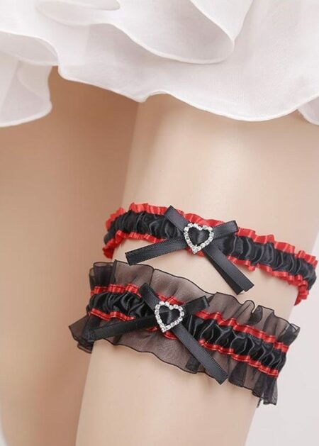 Giarrettiera Sposa due pezzi Nera e Rosso con decorazioni in argento