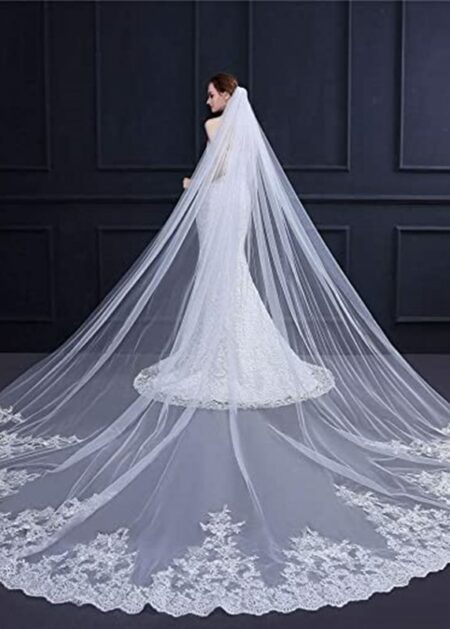 Velo da sposa lungo 3 metri online economico in tulle morbido con orlo in pizzo chantilly