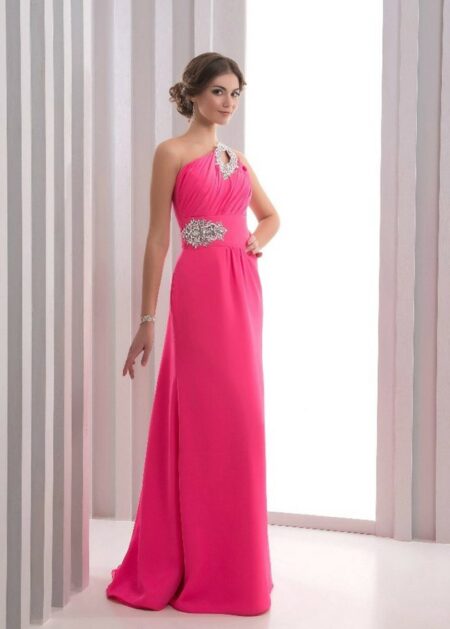 Vestiti eleganti da cerimonia economici online in chiffon monospalla con tante decorazioni di paillettes e pietre scintillanti