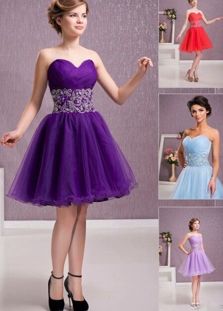 Vestitino corto per Festa di laurea 2021 scollo a cuore gonna vaporosa in tulle cintura decorata con molte pietre scintillanti