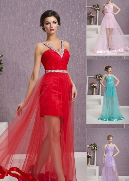 Vestito da Sera Speciale con Gonna Corta in raso all'interno e gonna trasparente in tulle all'esterno scollo a V con decorazioni scintillanti