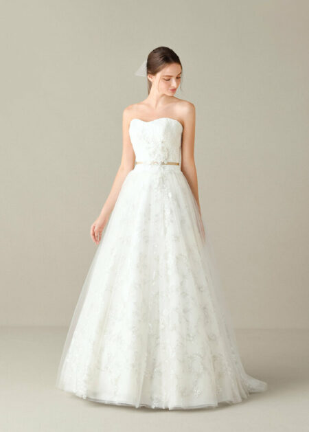 Abito da sposa A-line economico in organza e raso con scollo a cuore