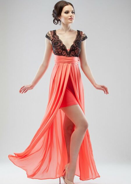 Abiti cerimonia online affidabili fatto in chiffon e pizzo con scollo a V gonna con spacco laterale