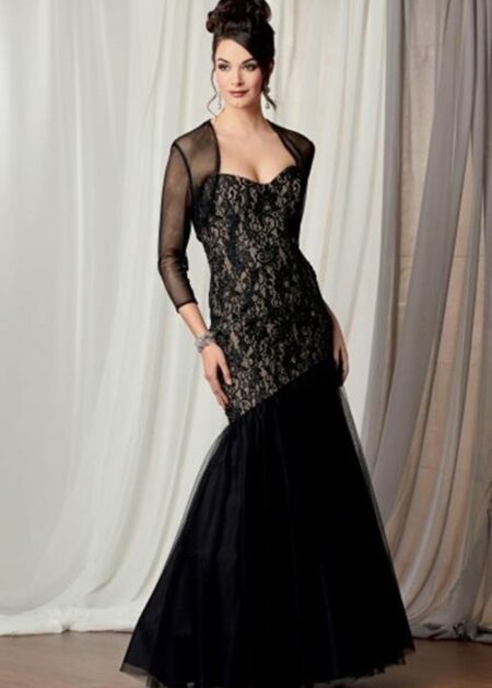 Abiti da cerimonia per signora 2021 stile sirena fatto in pizzo e tulle con coprispalle di maniche tre quarti scollo a cuore