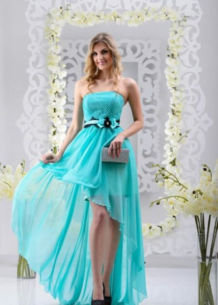 Abiti eleganti italiani asimmetrici online per occasioni speciali corpino drappeggiato e cintura con fiocco