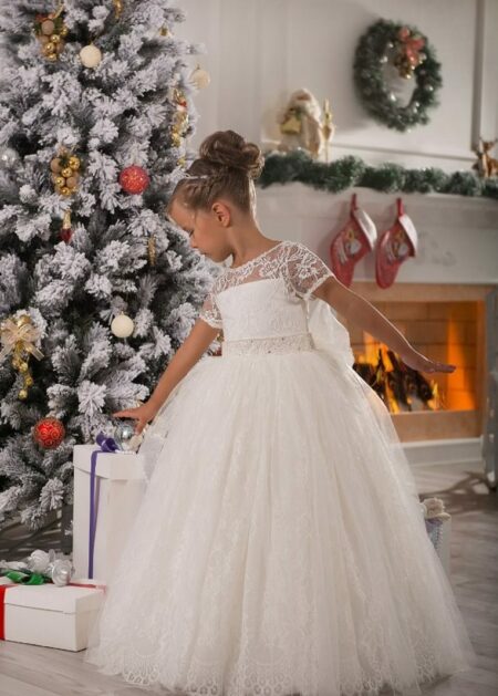 Abiti per prima comunione bambina prezzi economici su internet confezionato in raso e pizzo con maniche corte trasparenti