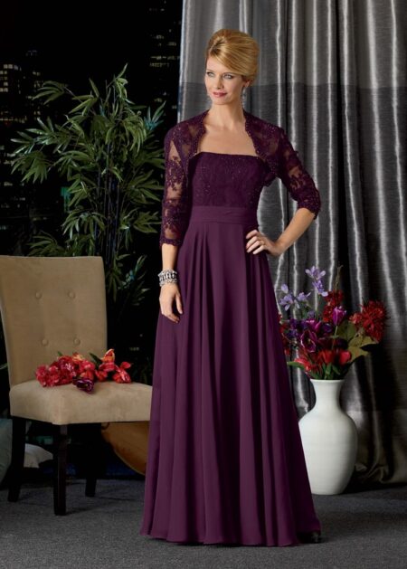 Abito da cerimonia per la mamma dello sposo stile impero A line fatto in pizzo il corpetto e la gonna in chiffon con coprispalle