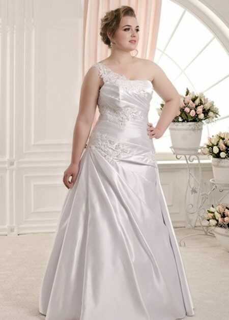 Abito da sposa per donne di taglie grandi monospalle in raso applicazioni di pizzo corpetto e gonna drappeggiate diagonalmente