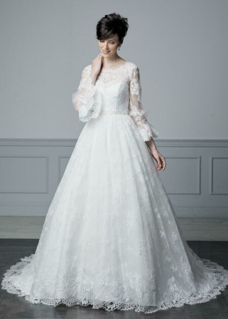 Abito da sposa vendita in contrassegno a prezzo economico con scollo a cuore e coprispalle a bustino, top ricamato in pizzo che si infila sopra il bustino