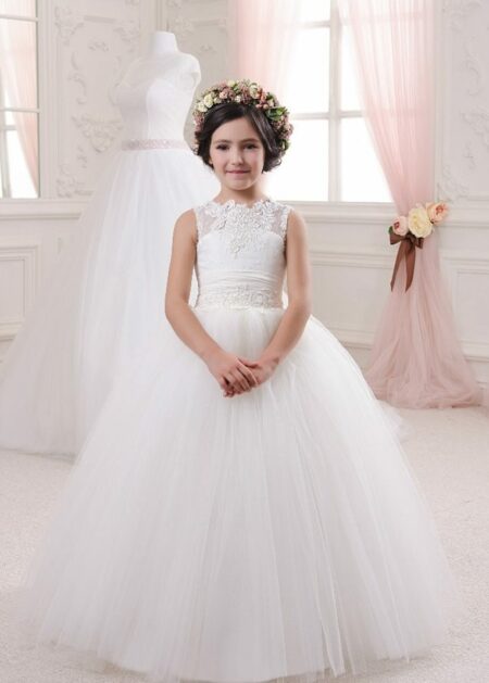 Abito damigella bambina in offerta di gonna ampia in morbido tulle e corpetto con applicazioni di pizzo