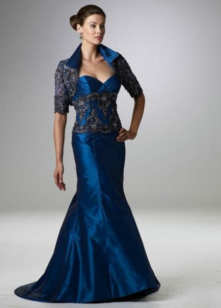 Abito mamma sposa 2021 molto elegante vendita online in contrassegno stile sirena fatto in raso con applicazioni di pizzo e coprispalle di maniche tre quarti