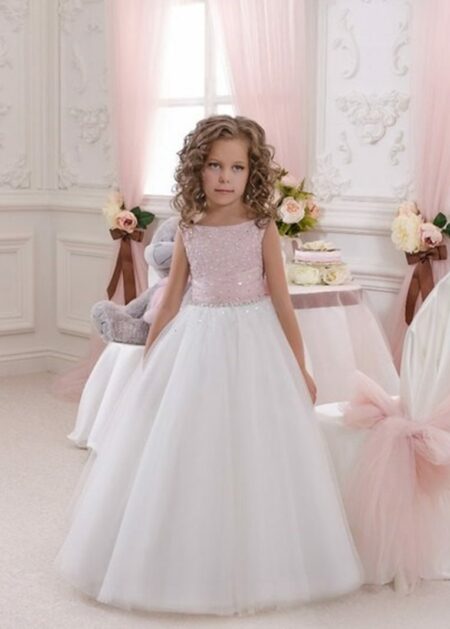 Abito per damigella bambina a prezzo economico fatto in raso e tulle con corpetto decorato con molte pietre scintillanti