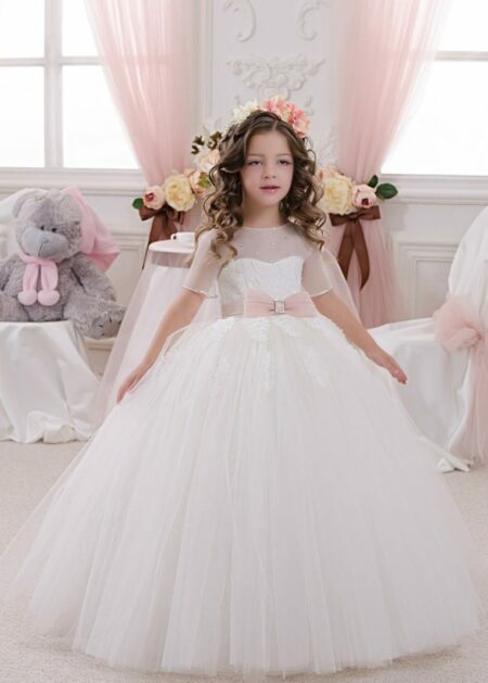 Abito per le ragazze invitate al matrimonio stile principessa con corpetto decorato con applicazioni di pizzo e strass, maniche corte