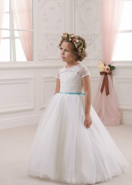 Bellissimo abito cerimonia bambina economico fatto in raso e tulle con corpetto decorato con applicazioni di pizzo