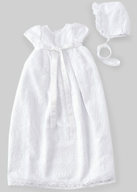 Completo battesimo abito e cappellino in vendita low cost fatti in pizzo con maniche corte e cintura con fiocco
