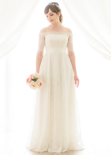 Simple vintage style lace wedding dresses with half sleeves under the shoulders  satin belt