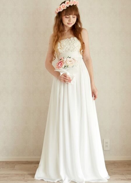Empire style wedding dress new collection 2021 straight neckline bodice decorated with fabric flowers and soft chiffon skirt