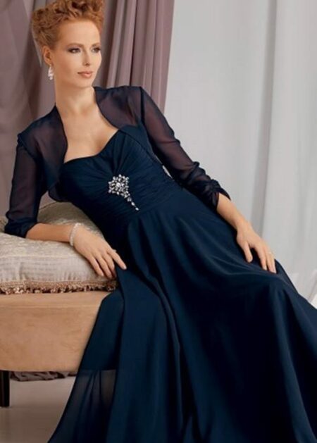 Vestito elegante da cerimonia grandi firme on line fatto in chiffon con coprispalle di maniche tre quarti corpetto drappeggiato con pietre scintillanti