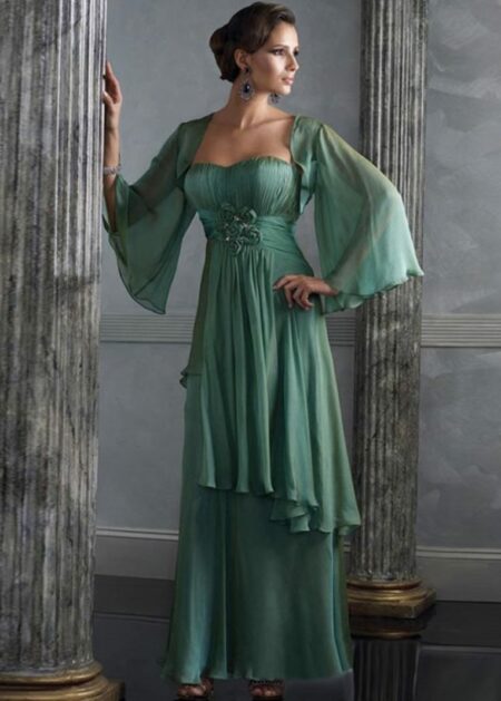 Vestito mamma della sposa curvy color verde pantone fatto in chiffon con coprispalle di maniche a farfalla a prezzo economico