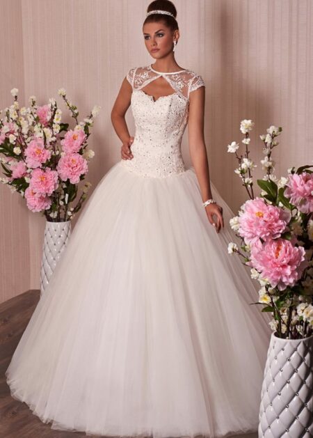 Abiti da sposa Taranto, Abito da sposa economico stile principessa con scollo a cuore e corpetto decorato con applicazioni di pizzo e pietre scintillanti, reggiseno interno