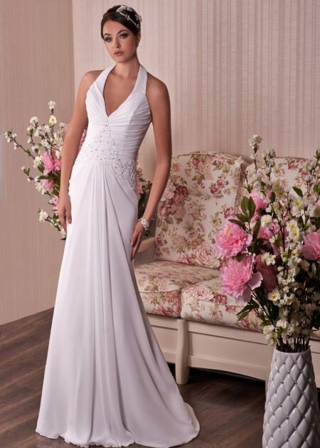 Abiti da sposa Cesena, Elegante abito da sposa romantico per matrimonio civile con corpetto drappeggiato dallo scollo halter