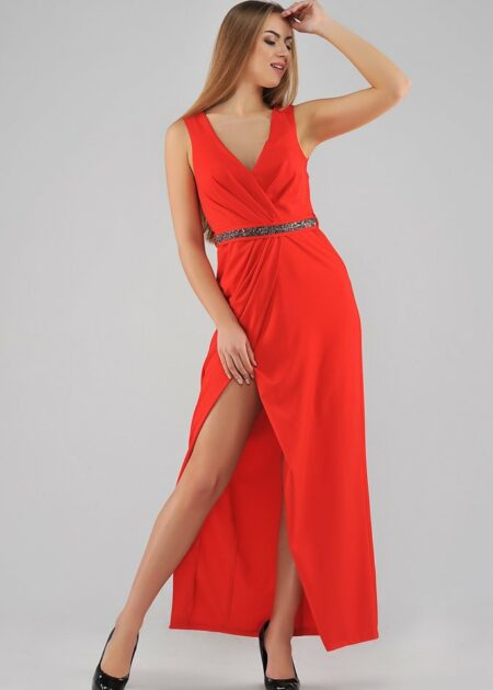 Abito alla caviglia elegante per invitati al matrimonio con spalline, scollo a V e cintura gioiello in vita
