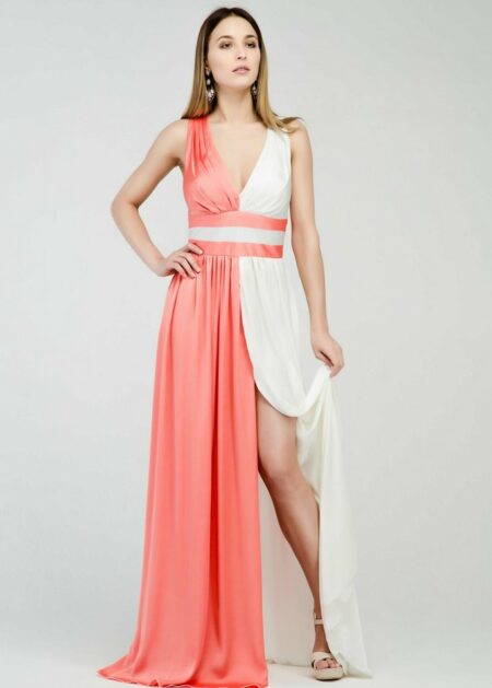 Abito bicolore lungo per festa di laurea realizzato in chiffon bianco e arancione con scollo a V in vendita online