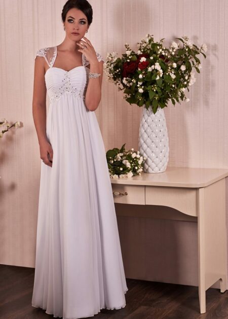 Abito da sposa Piacenza su misura a prezzo economico stile impero realizzato in chiffon con deliziosi ricami sulla scollatura e sul retro