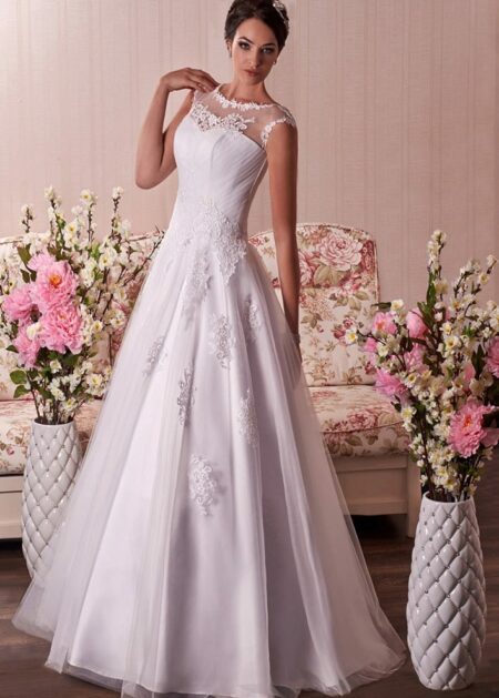 Abito da sposa economico online su misura stile A line, realizzato in tulle e raso con corpetto stretto interamente ricamato con pizzo, perline e paillettes