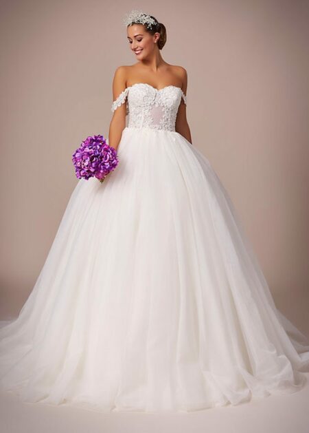 Alacuas - Abito da sposa stile principessa realizzato in raso e tulle, il bustino semirigido è trasparente, con stecche a vista e decorato da pizzi