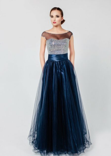 Vestito elegante colore blu oscuro per occasioni speciali stile A line con scollo a barca, il corpetto e pieno di decorazioni