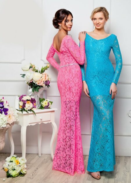 Vestito elegante disponibile in tutti i colori per occasioni speciali scivolato con scollo a V, maniche lunghe semitrasparente