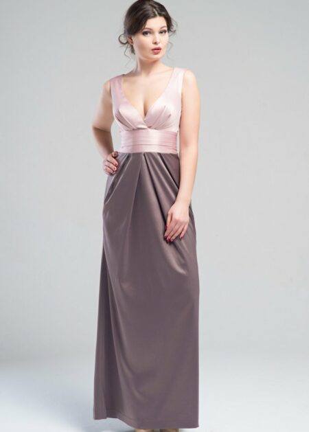 Vestito per damigelle adulte bicolore semplice con scollo a V, spalline, taglio dritto fatto in raso con fiocco decorativo sulla schiena