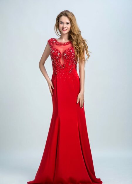 Abiti da cerimonia rossi molto eleganti spedizione veloce scivolato fatto in chiffon con tante decorazioni di pietre scintillanti