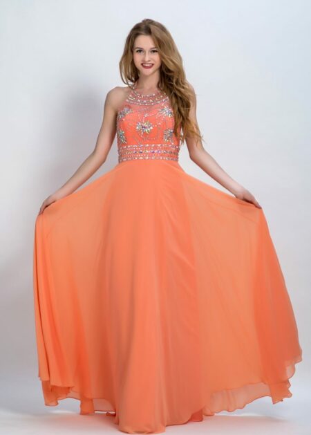 Abito da cerimonia grandi firme Sposamore ON LINE colore arancione fatto in chiffon con scollo halter