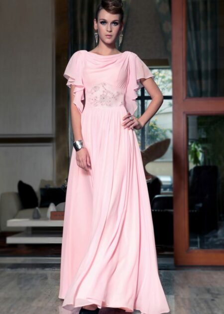 Abito da cerimonia per testimoni colore rosa con maniche corte a farfalle scollo a barca e decorazioni luminose sul corpetto