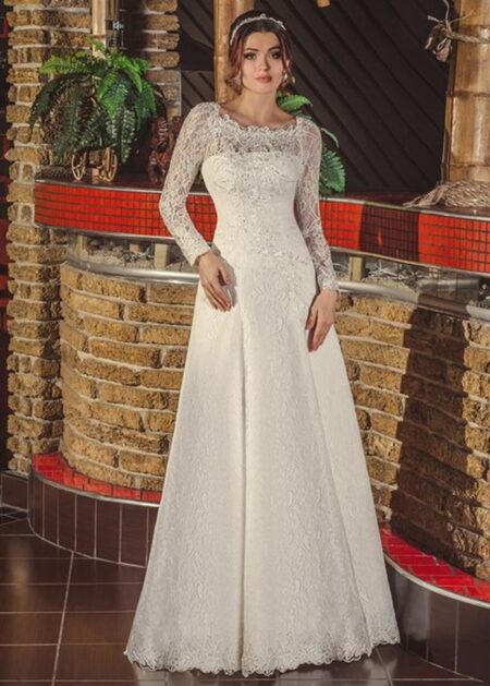 Abito da sposa seconde nozze economico fatto in pizzo con maniche lunghe linea A, delicato e sensuale vestito colore avorio