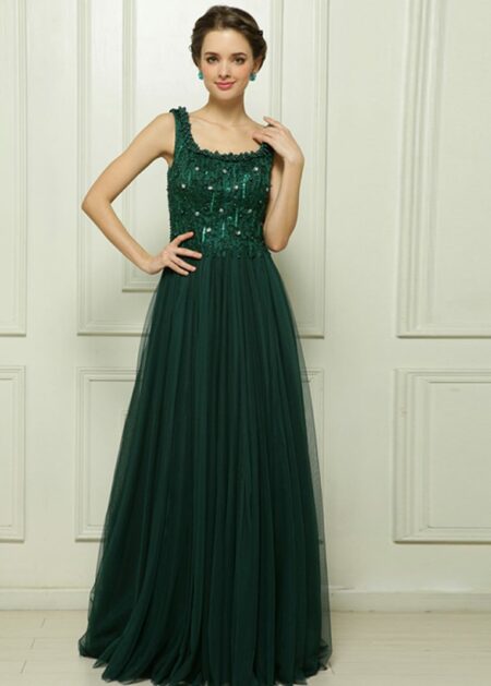 Vestito Lungo verde bosco con spalline e corpetto decorato con tanti punti luci, gonna in tulle