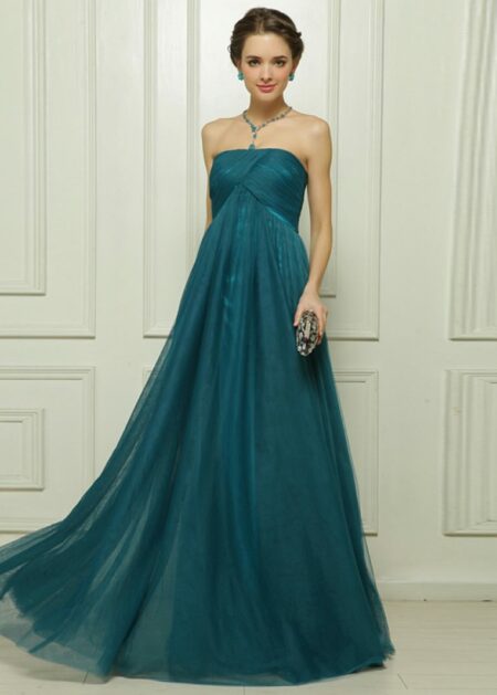 Vestito da cerimonia verde petrolio strapless di scollatura dritta stile impero fatto in tulle