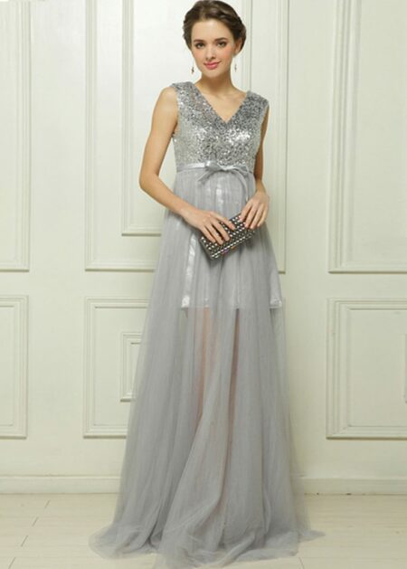 Vestito da sera colore argento con gonna lunga di tulle semitrasparente e minigonna interna