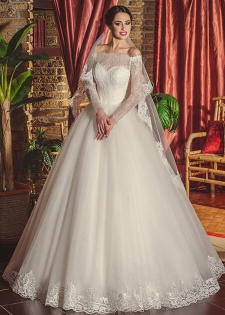 Vestito da sposa con spalle scoperte e maniche lunghe di pizzo A line stile fatto in tulle e pizzo con fodera di raso