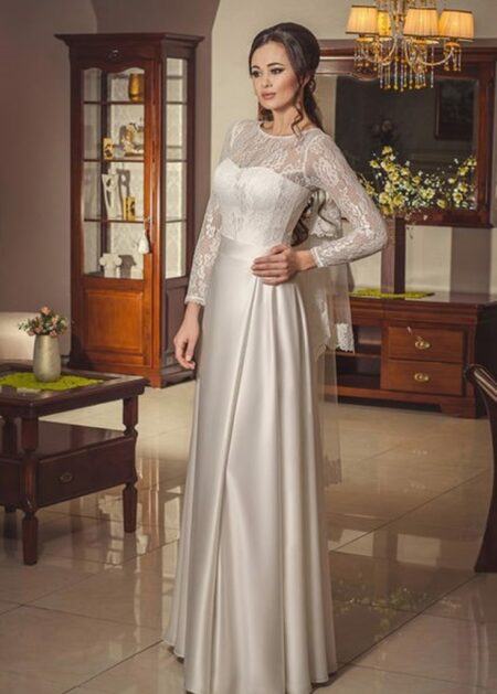 Abito da sposa per ragazze magre perfetto per matrimonio invernale con maniche lunghe in pizzo e gonna scivolata in raso